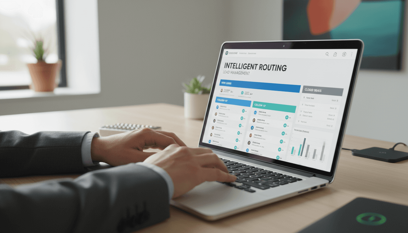 Professional at desk working with AI-driven CRM dashboard showing streamlined lead management interface
