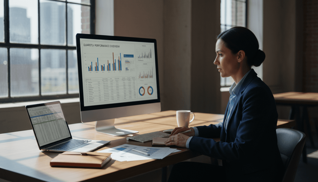 Professional reviewing CRM data on computer